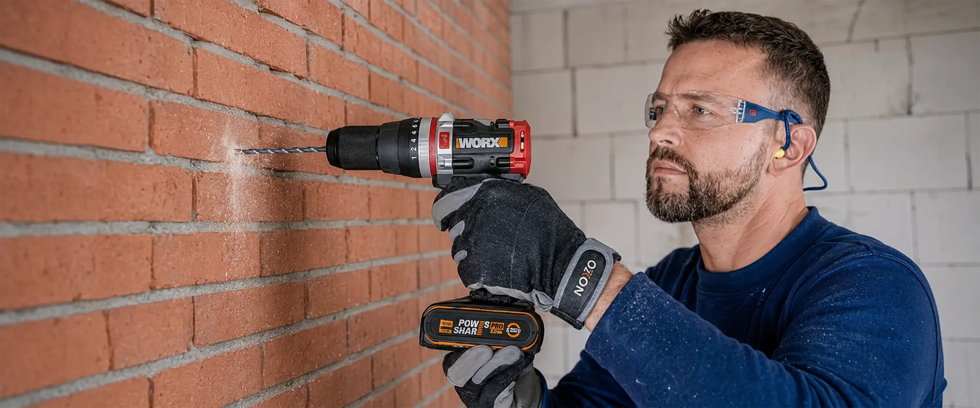 Placeholder showing a drill held square to a brick wall